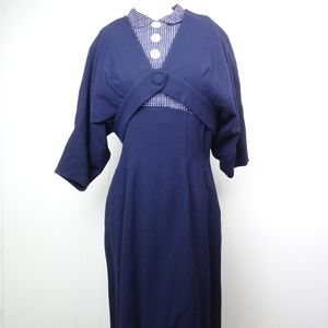 VINTAGE 60s Dress Navy Blue Checks Peter Pan Shrug